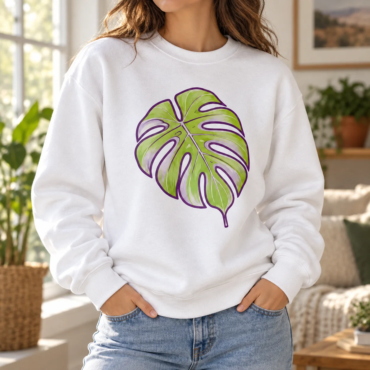 Tiny Monstera Printed Crewneck Sweatshirt — lifestyle view